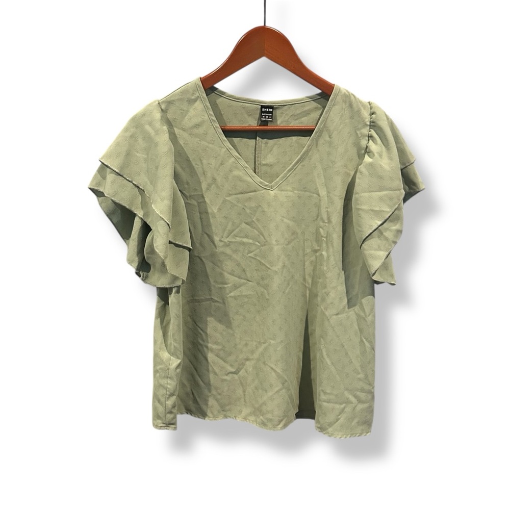 [SHEIN] Sage Green Ruffle Sleeve Blouse